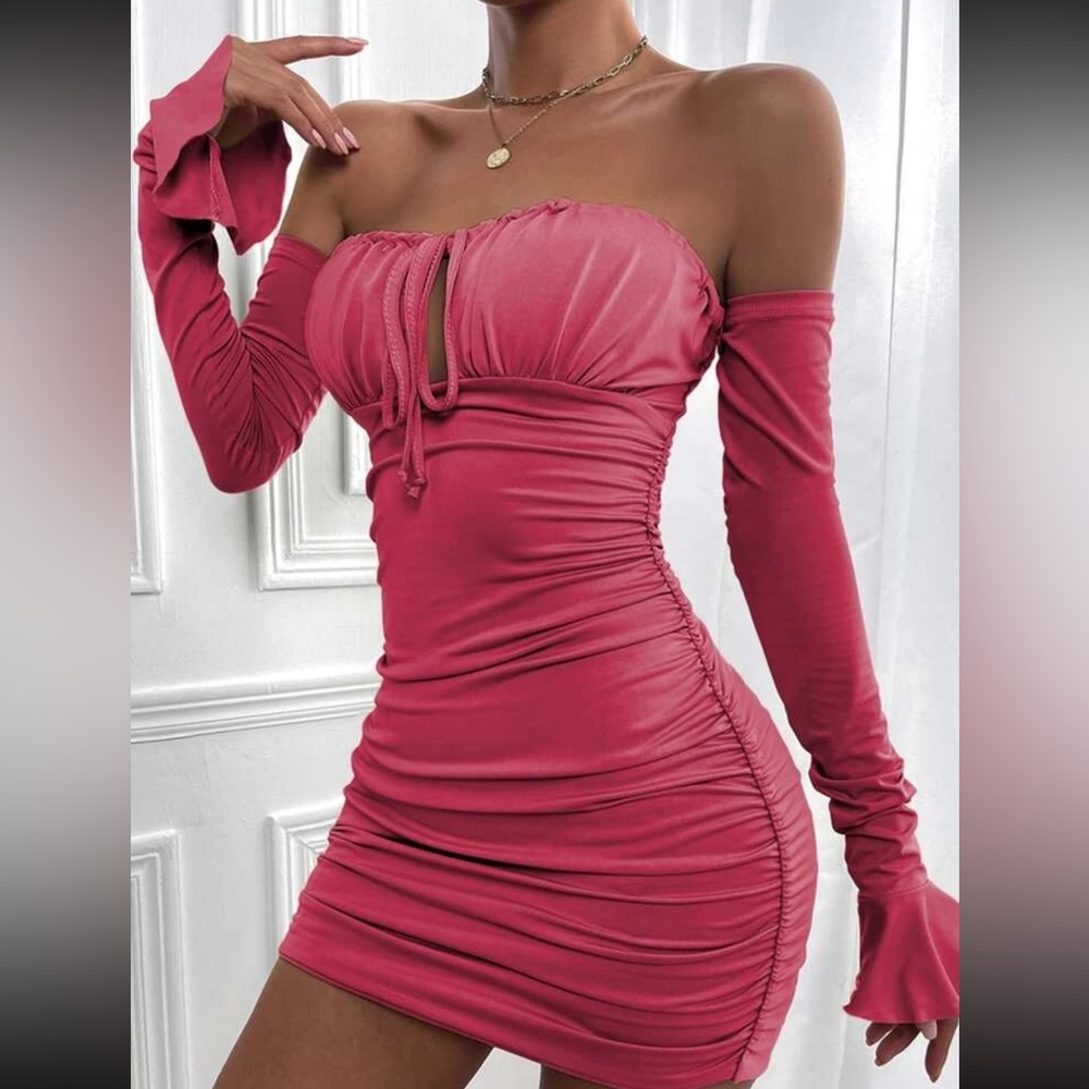 SHEIN Off Shoulder Backless Flounce Sleeve Ruched Bodycon Dress Hot Pink Medium